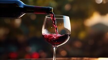 Pouring Red Wine From A Bottle Into A Glass On Blurred Background. Winery Concept