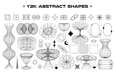 Poster - Retro futuristic isolated abstract shapes, wireframe model, cyberpunk elements in trendy y2k style. Vector illustration on transparent background.