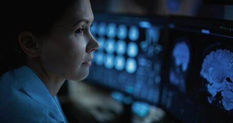 Aufkleber - Medical Hospital Research Lab: Close Up of Female Medical Scientist Using Computer with Brain Scan MRI Images. Professional Neurologist Analysing Live CT Scan To Diagnose Sick Patient