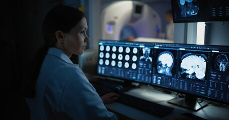 Aufkleber - Medical Hospital Research Lab: Female Medical Scientist Using Computer with Brain Scan MRI Images of a Patient Undergoing Medical Process in the Background. Healthcare Service