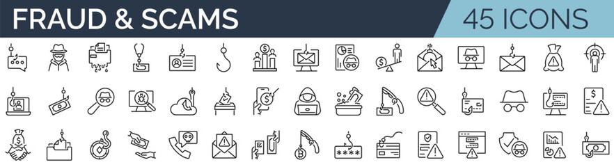 Set of 45 outline icons related to fraud, scams and phishing. Linear icon collection. Editable stroke. Vector illustration