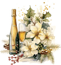 Vector Christmas Traditional Table. Champagne And Glasses. Red Flowers On The Table Vector Illustration On White Background. AI Generated Illustration