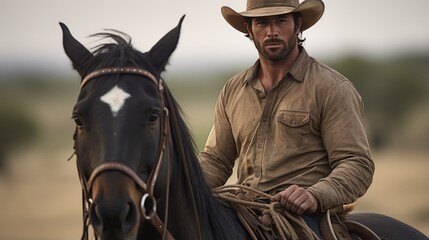 Western cowboy or farmer or rancher portrait outdoor background. Handsome american man wearing leather cowboy hat. 