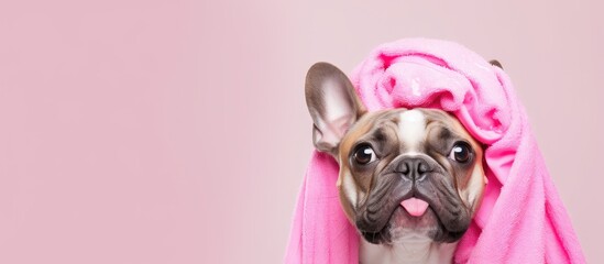 Poster - French bulldog receiving spa treatment with shower cap against white background