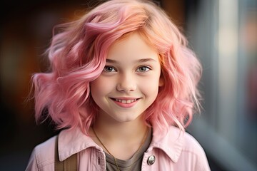 Portrait of a cute girl with pink hair. Her sweet smile and bright eyes radiate youthful innocence and happiness.