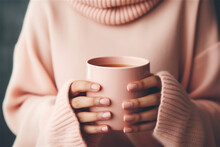 female holding a cup of hot drink close up