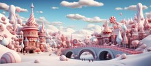 Winter Wonderland Depicted In A With Colorful Cartoon Amusement Park And Candy Land Augmented By Dazzling Starburst Effects
