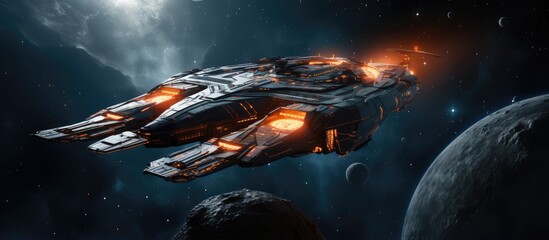 Wall Mural - futuristic spaceship exploring the vast universe with galaxies and nebulae