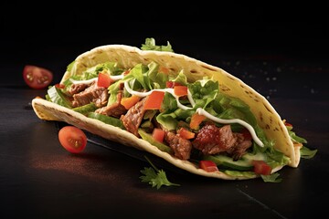 Wall Mural - Fresh Mexican Taco with Beef, Tomatoes, Avocado and Spices - Delicious Meal for Dinner