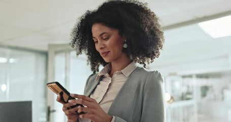 Poster - Happy woman, phone and typing in office for social network, mobile chat and digital contact. Business employee scroll on cellphone, reading news and search media for information, download app or text