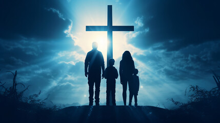 Poster - Silhouette, family and Christian cross for praying, religion and funeral social gathering