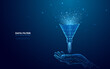 Abstract digital hand holding a hologram of funnel. Big data concept. Technology data filter. Light stream of data. Vector illustration in futuristic low poly wireframe style on blue background.