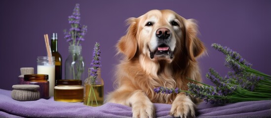 Poster - Dog undergoing cosmetic treatments relaxing on a purple background with cucumbers on its face