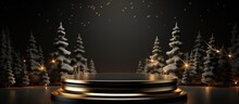 Isolated Black Background With Black And Golden Pedestal Christmas Trees Snowflakes And Empty Space New Year Concept Illustration