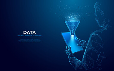 Poster - Abstract close-up businessman holding tablet device with funnel on empty screen. Big data analitics concept. Vector illustration in futuristic low poly wireframe style on dark blue background.