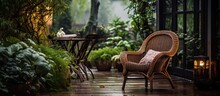Rattan Chair In A Rainy Courtyard Evening
