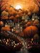 An Illustration of a Community Gathering for a Lantern Lit Autumn Evening Walk