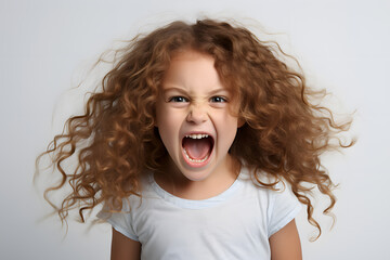 angry little girl child shouting or screaming. facial emotions. empty space studio shot isolated on 