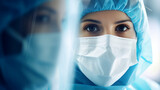 Fototapeta Lawenda - Close-up face view of a healthcare professional in protective gear