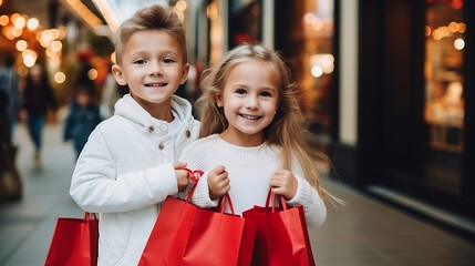 Wall Mural - Cute little girl and boy children doing shopping with paper bags in a mall