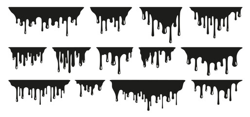 Poster - Black melting paint. Dripping splatter and dribble brush strokes with stain and leak, dirty fluid brush icons. Vector isolated set. Different borders with flowing ink, sticky liquid design