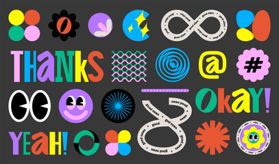 Fototapete - Modern geometric shapes patches. Retro acid stickers of hippie groovy stickers, colorful label logo stamps for promotion offer discount stickers. Vector set of shape geometric 90s sticker illustration