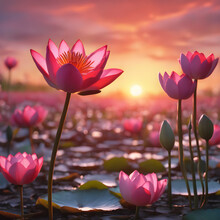 Lake With Red Lotus Flowers. A Water Lily Sprout With Buds That Are About To Bloom In A Field At Sunset. Generative AI