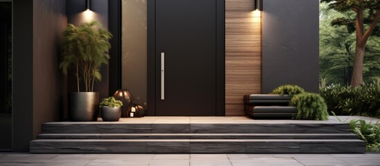 a modern house with black walls stairs and lamps featuring a stylish black front door door mat and trees in pots