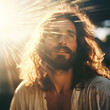 Closeup of Jesus smiling in bright light