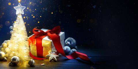 Wall Mural - christmas tree and christmas gifts. christmas banner or greeting card design