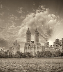 Sticker - New York City at sunset. Panoramic view of Manhattan buildings from Central Park Lake