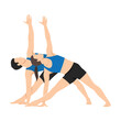 © lioputra - Young couple stretching bending to one side. Couple doing stretching exercise, extended triangle pose, utthita trikonasana. Flat vector illustration isolated on white background
