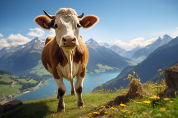 Wall Mural - Cow in the mountains, standing on slope