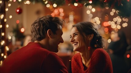 Happy new year, emotional couple meeting in christmas holiday