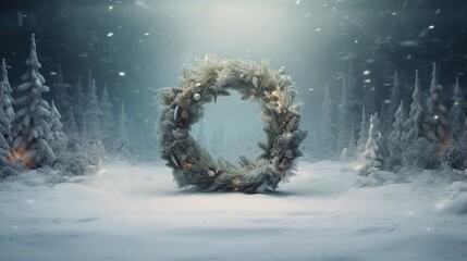 Wall Mural -  a snowy scene with a wreath in the middle of it.  generative ai
