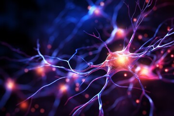 Neuron cells neural network under microscope neuro research science brain signal information transfer human neurology mind mental impulse biology anatomy microbiology intelligence connection system