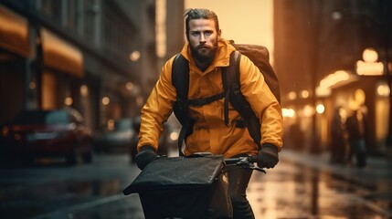 Male courier with bicycle delivering package in city street