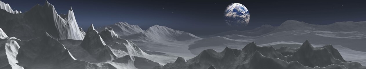 Wall Mural - moon, panorama of the lunar surface in the light of the rising earth, 3d rendering