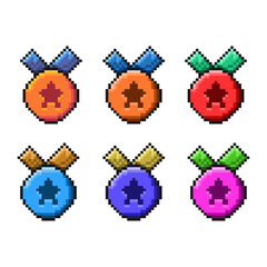 Poster - Pixel art sets of star badge with variation color items asset. simple star badge on pixelated style.8bits perfect for game asset or design asset element for your game design asset.