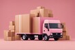 A minimalistic cartoon flat design logistics post delivery truck with a lot of cardboard parcel boxes