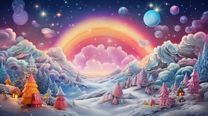 Canvas Print - A painting of a snowy landscape with a rainbow in the sky