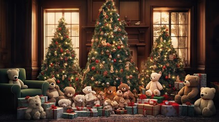 Wall Mural -  a group of teddy bears sitting in front of a christmas tree.  generative ai