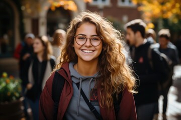 A student girl with glasses and a backpack, goes from college with her peers and laughs