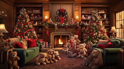 Canvas Print - a living room decorated for christmas with teddy bears and christmas trees. generative ai