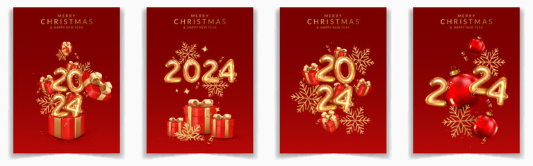 Wall Mural - Set of Christmas and New Year 2024 greeting cards with open gift boxes, numbers, balls, gift boxes, confetti, ribbons and snowflakes