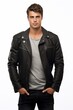Handsome College Boy in Sleek Leather Jacket, Tall and Well-Proportioned, Exudes Balanced Lifestyle, Rugged Charm and Confident Smile Define Allure, Isolated on White Background
