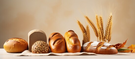 Wall Mural - Delicious freshly baked bread with various grains seen from the side on a isolated pastel background Copy space close up