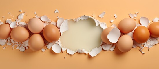 Poster - Cracked eggshells collected isolated pastel background Copy space