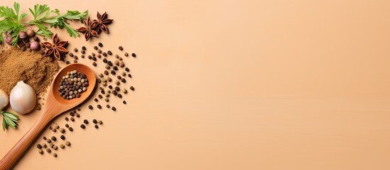 Aufkleber - Coriander seeds in scoop on isolated pastel background Copy space