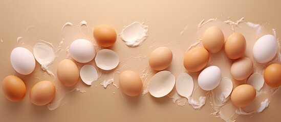 Poster - Cracked eggshells collected isolated pastel background Copy space